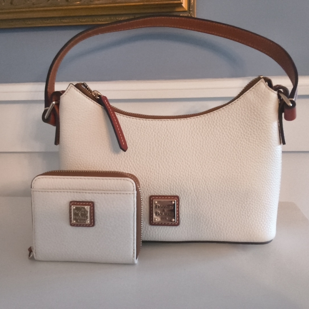 Dooney & Bourke White Pebble Leather Small Shoulder Bag with Tan Trim and Wallet